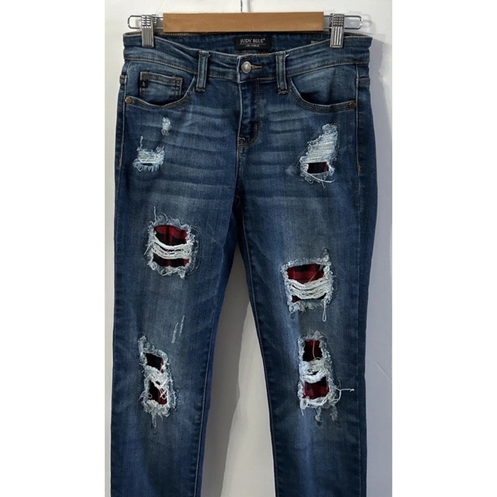 Women's Judy Blue Skinny Fit Jeans Stretch Buffalo Plaid Patchwork Sz 27 JB8268